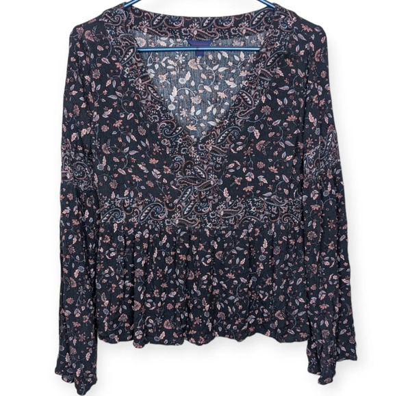 Aeropostale Y2K Navy Pink Floral Long Bell Sleeve Hippie Fit Flair V  Neck Top M - Picture 1 of 9